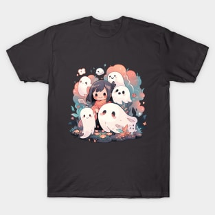 Girl and Sheet Ghosts Companions in Spooky Month T-Shirt